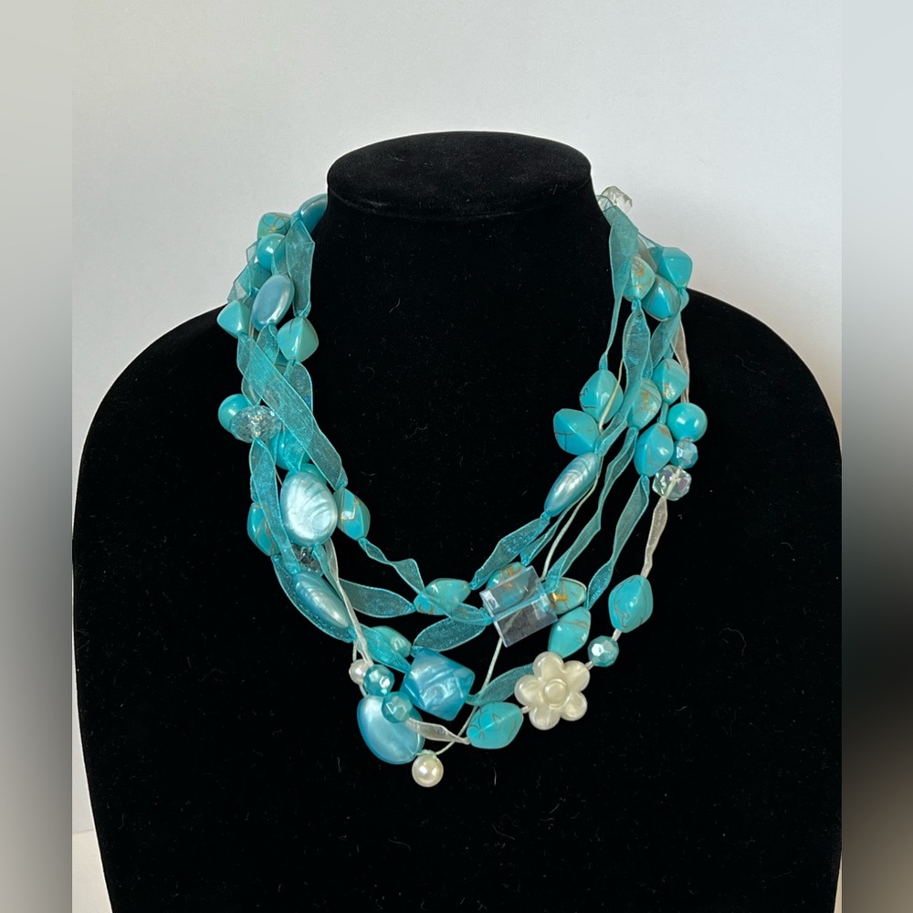 Turquoise Necklace with Different Size Acrylic Beads Weaved in Ribbon.